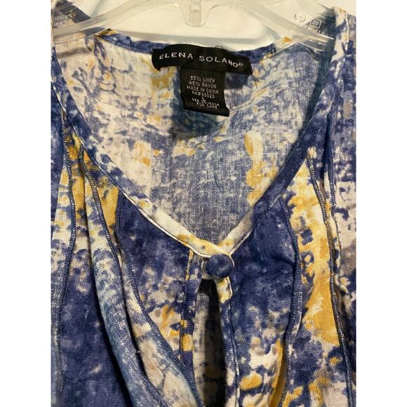 Elena Solano Sleeveless Linen Rayon Large Blouse Ruffle Front Blue Yellow - Picture 4 of 9